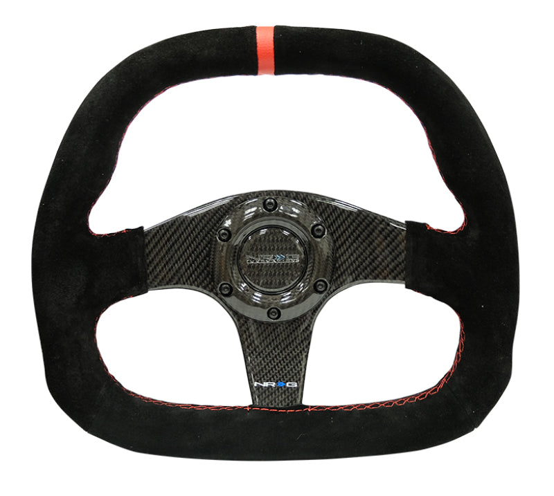 NRG Carbon Fiber Steering Wheel (320mm) Flat Btm. Blk Suede/Red Stitch