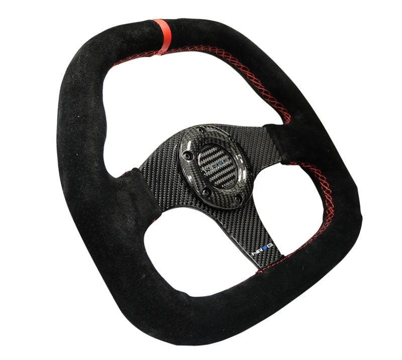 NRG Carbon Fiber Steering Wheel (320mm) Flat Btm. Blk Suede/Red Stitch