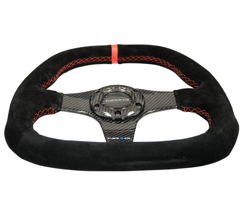 NRG Carbon Fiber Steering Wheel (320mm) Flat Btm. Blk Suede/Red Stitch